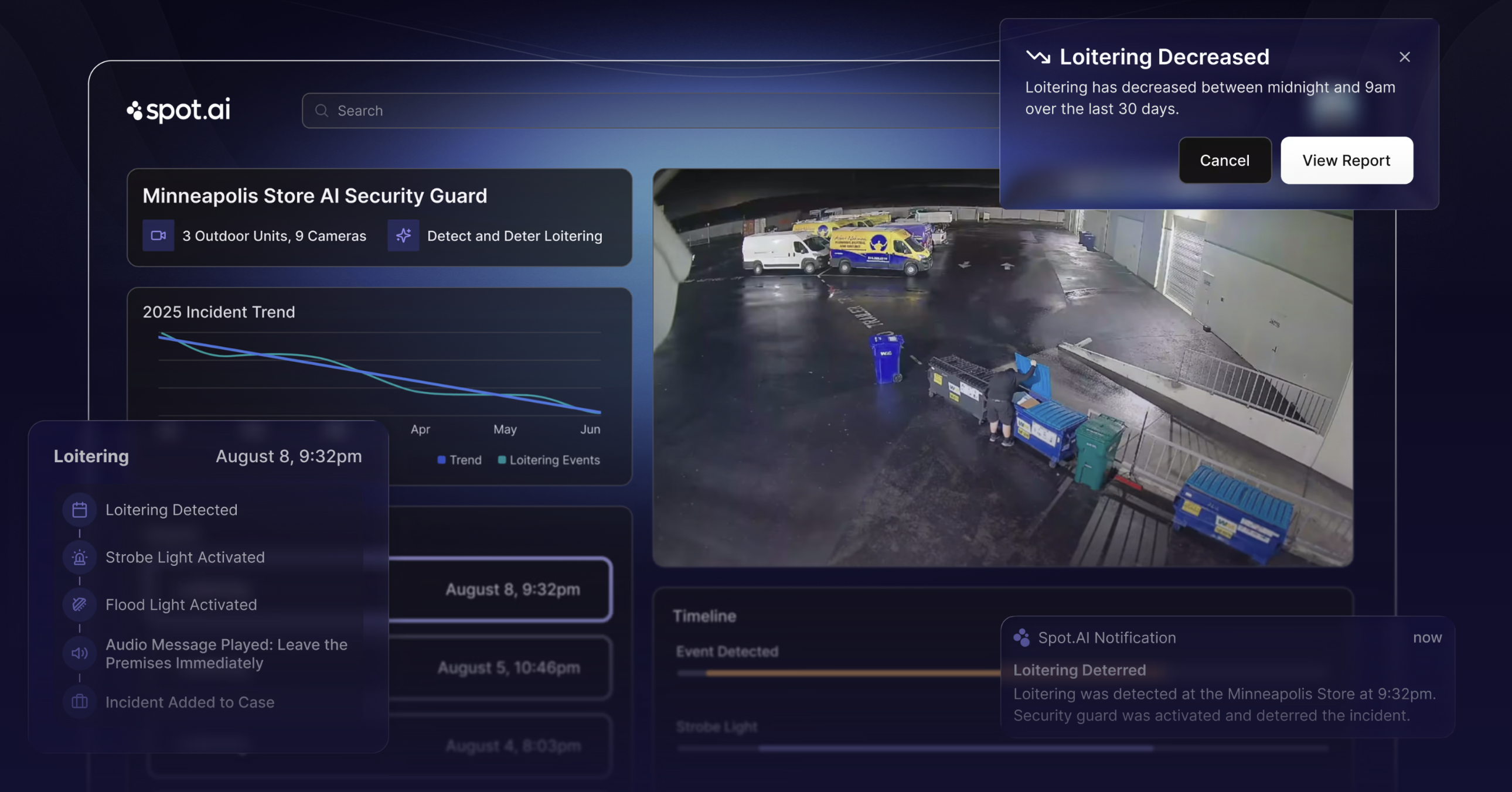 Spot AI AI Security Guard platform dashboard showing parking lot monitoring and alert management